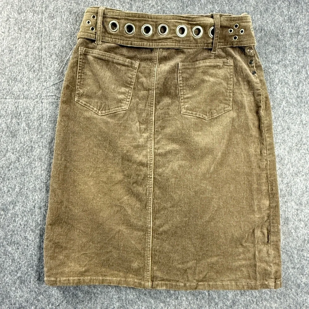 Vanilla Star Women's Skirt 9 Tan Brown Corduroy Pencil Skirt‎ w Grommet Belt Y2K